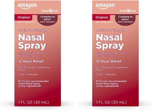 [BRSRAGT7PJYQ2ADZ] الرعاية الأساسية: الحد الأقصى للإجهاد 12 Hour Nasal Spray, Oxymetazoline HCl Solution, Congestion Relief, Cold and Allergy Medicine, Decongestant, 1 Fl Oz (Pack of 2)