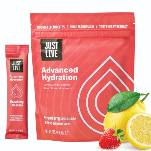 [BRSROCD3BUMRYC3L] Just Live Active Hydration - Strawberry Lemonade, Electrolyte Drink Mix, Tart Cherry Extract, Supports Recovery & Absorption, Low Sugar, 14 Pack