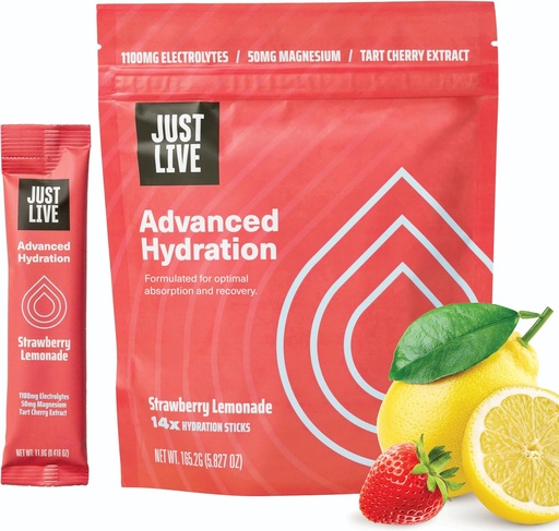[BRSROCD3BUMRYC3L] Just Live Advanced Hydration - Strawberry Lemonade, Electrolyte 음료 혼합, Tart Cherry Extract, 지원 복구 및 흡수, 낮은 설탕, 14 팩