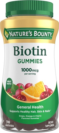 [BRSWGEABCV4GCHTL] Naturens Bounty Biotin Gummy, vitamin Supplement, stöder hälsosamt hår, hud och naglar, frukt smaksatta gummier, 1000 mcg, 110 greve