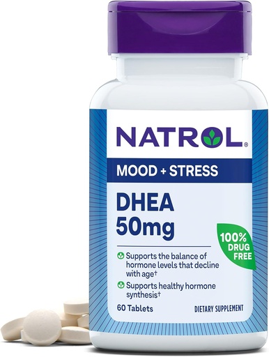 [BRSWIYTZA4EBUDTM] Natrol Mood & Stress DHEA 50mg s vápníkem, Dietní dodatek pro rovnováhu některých hormon úroveň a mood podpora, 60 Tablety, 60 denní dodávky