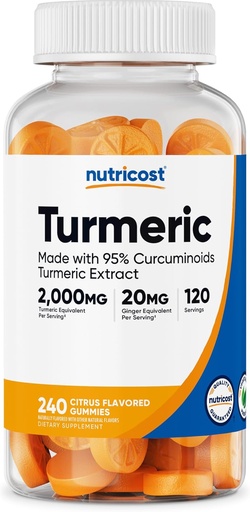 [BRSRMGQEBUFGC3D7] Nutricost Turmeric Gummies (240 Gummies) - Citrus Flavored, Made with 95% Curcuminoids, 120 Servings, Includes Ginger and Black Pepper Extract, Vegetarian, Non-GMO and Gluten Free