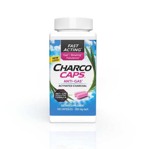 [BRSWIHQIAYBGKCAV] Charcocaps Fast Acting Gas Relief for Bloating & Flatulence, Drug Free Detoxifying Activated Charcoal Formula, 100 Capsules, 30 Day Supply, Pink