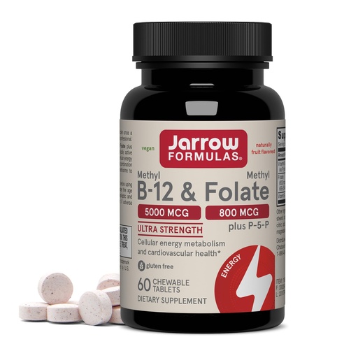 [BRSWIHIODMABGFTI] Jarrow Formulas Methyl B-12 & Methyl Folate, Bioactive Vitamin B9 and Vitamin B12 Supplement, Supports Cellular Energy Production, Healthy Brain Function & Metabolism, 60 Chewable Tablets, 60 Servings