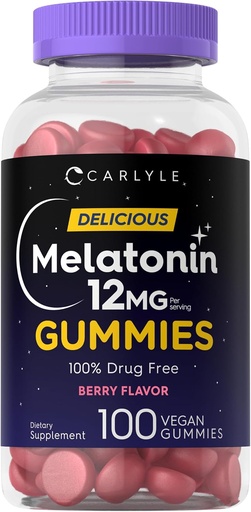 [BRSRMZQCBAHGCFA2] Carlyle Melatonin Gummies 12mg | 100 greve | Berry Flavor | Vegan Supplement | Non-GMO, Gluten Free
