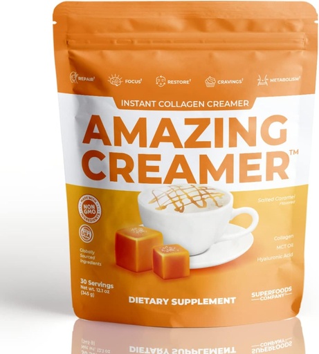 [BRSRMBD5DMMQ4YLD] Superfoods Company Amazing Creamer with Collagen - Keto Creamer-Hyaluronic Acid & MCT Oil - Brain Boost & Curbs Cravings - Supports Healthy Skin & Hair - Diet-Friendly [30 Servings] [Salted Caramel]