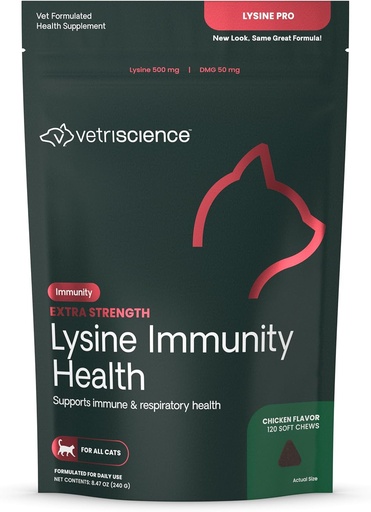 [BRSWKHYTO4BBQ3A3] VETRISCIENCE Extra Strength Lysine Immunity Health Chews - Immunity Supplement for Cats of All Ages - Supports Immune Function, Eye Health & Cardiovascular Function - 120 Count