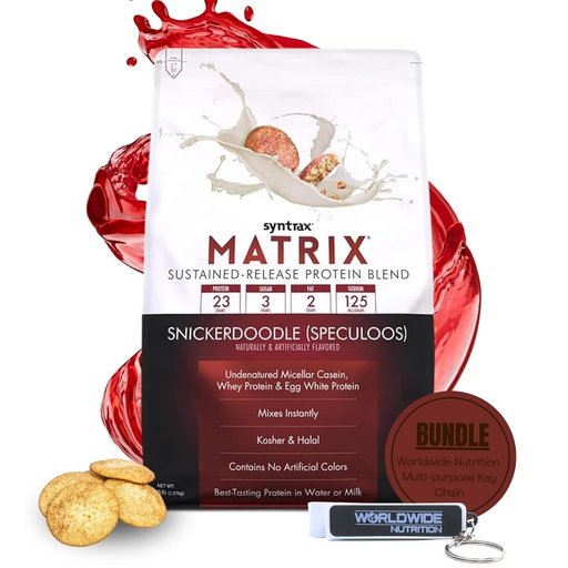 [BRSROHQBOIHWADLH] Syntrax Bundle: Matrix Protein Powder Sustained-Release Casein Protein and Whey Protein Powder - Instant Mix Snickerdoodle Protein Powder Flavor, 5lbs with Worldwide Nutrition Keychain
