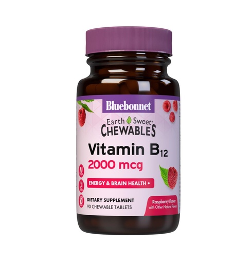 [BRSWIGT5AQAWO33A] BlueBonnet Nutrition Earth Sweet Vitamin B12 1000 mcg & Folic Acid 400mcg - Brain Health & Energy Vitamins for Women & Men - Vegan, Gluten-Free Raspberry B 12 Vitamin - 90 Chewable Tablets