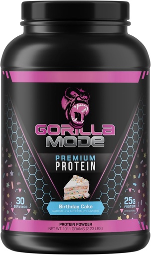[BRSRAZIQAV6AG3Y4] Gorilla Mind Premium Whey Protein - Birthday Cake, 25 Grams of Whey Protein Isolate & Concentrate,Recover and Build Muscle (30 Servings)