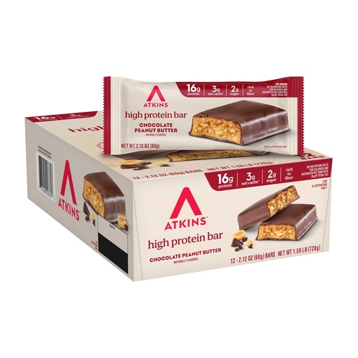 [BRSRMCANCQBBADI4] Atkins Chocolate Peanut Butter Protein Meal Bar, High Fiber, 16g Protein, Low Sugar, 3g Net Carb, Low Carb, Keto Friendly, 12 Count