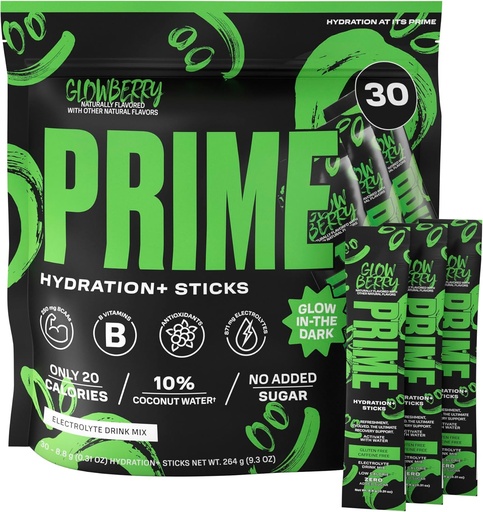 [BRSROHAEOUPBM3YV] PRIME HYDRATION+ Sticks GLOWBERRY | Hydration Powder Single Serve Sticks | Electrolyte Powder On The Go | Low Sugar | Caffeine-Free | Vegan | 30 Sticks