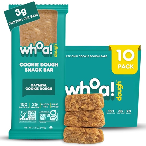 [BRSRMBIYOEOW2CA2] Whoa Dough Edible Cookie Dough Bars- Certified Non-GMO, Kosher and Gluten Free Bars - Healthy Snack Foods - Plant Based Snacks Made With Real Ingredients - Oatmeal Cookie Dough - 10 Pack