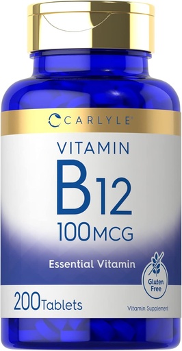 [BRSRMZD5BEIW2FA2] Carlyle Vitamina B12 100mcg | 200 Tablets | Suplemento de vitamina esencial | Vegan, Non-GMO e Gluten Fórmula libre