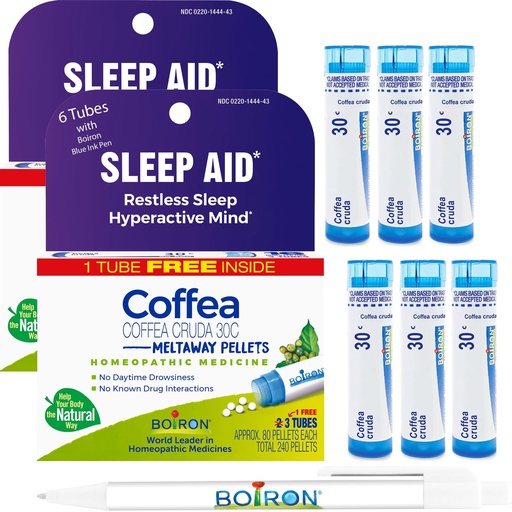 [BRSRAYICCQCBQ3DA] Boiron Coffea Cruda 30C - 6 Total Blue Tubes - Homeopathic Sleep Aid for Restless Sleep, Mental Hyperactivity, Racing Thoughts, and Difficulty Sleeping with Blue Ink Pen