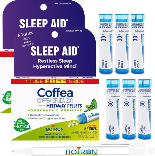 [BRSRAYICCQCBQ3DA] Boiron Coffea Cruda 30C - 6 Total Blue Tubes - Homeopathic sleep Aid for Restless sleep, Mental Hyperactivity, Racing Thoughts, and Difficulty sleeping with Blue Ink Pen