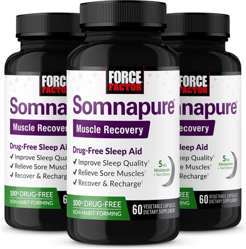 [BRSW2AT5AR4BE2A2] FORCE FACTOR Somnapure Muscle Recovery Ayuda para adultos con Melatonin 5mg, Holy Basil y L-Theanine, Suplemento para el apoyo al sueño, Muscle Soreness Relief, &amp; Muscle Recovery, 180 Caps, 3-Pack
