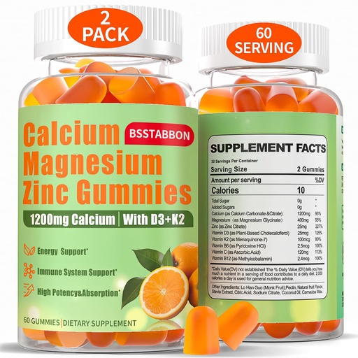 [BRSRAGL3B4OQMHLZ] Calcium Magnesium Zinc Gummies for Adult: 1200mg Calcium Citrate 400mg Magnesium Glycinate with D3 B12 - Sugar Free High Absorption Supplement for Women Men (60 Count(Pack of 2))