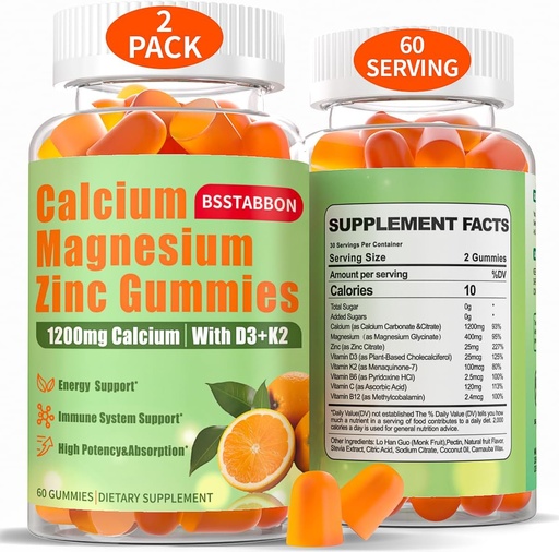 [BRSRAGL3B4OQMHLZ] Gummies de zinc de calcio para adultos: 1200mg citrato de calcio 400mg magnesio glicinato con D3 B12 - Suplemento de alta absorción de azucre para homes (60 Count(Pack de 2))