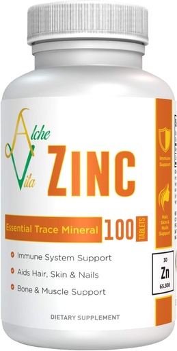 [BRSWYZ33AEIR4CL3] AlcheVita Zinc 50mg – High Bio-Availability – Essential Trace Mineral – Supplement for Immune Support, Bones, Skin & Muscle Support