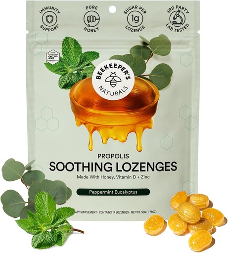 [BRSRMAQROEHQAAYY] Beekeeper's Naturals Soothing Mint Eucalyptus Cough Drops, Immune Support with Vitamin D, Zinc and Propolis, Cooling & Throat Soothing Lozenges, 14 Ct