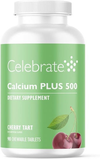 [BRSWIYLZAUHAGHDM] Celebrate Vitamins Calcium Plus - 500mg Calcium Citrate, 333 IU Vitamin D3 & 34mg Magnesium for Post Bariatric Surgery - Gluten-Free & Sugar-Free - Cherry, 90 Chewable Tablets