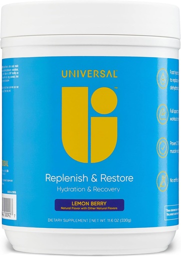 [BRSROCD2AUDWMAIY] Universal U Replenish & Restore Powder, Hydration & Recovery, Promotes Muscle Repair and Growth, Custom Dosing, L-Lysine, L-Glutamine, L-Tryptophan, No Artificial Flavors, 30 Servings (Lemon Berry)
