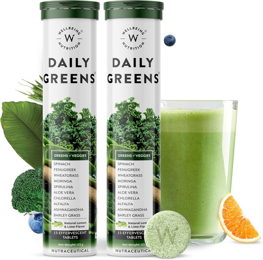 [BRSWGCYHBACGGCTA] WELLBEING NUTRITION Daily Greens, Wholefood Multivitamin with Vitamin C, Zinc, B6, B12 for Immunity and Detox with 39+ Organic Certified Plant Superfoods & Antioxidants(15Tabs x 2) (63 g (Pack of 2))