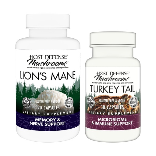 [BRSRA2Y6CEDQA336] Host Defense Bundle with Lion's Mane Capsules, 120 Count & Turkey Tail Capsules, 30 Count - Support Brain Health, Memory & Focus - Support Digestive & Immune Health*