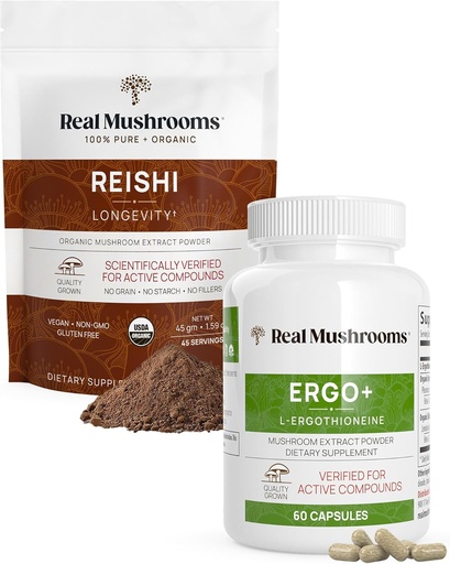 [BRSWYCT5DECAYAAV] Real Mushrooms Ergothioneine (60ct) and Reishi Organic Powder (45 Servings) Bundle with Shiitake and Oyster Mushroom Extracts - Longevity and Relaxation -Vegan, Gluten Free, Non-GMO