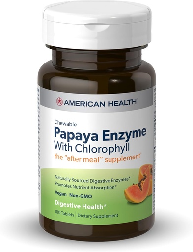 [BRSWIY34DIMQ4CDU] American Health Papaya Enzima com clorofila - 100 Comprimidos Mastigáveis - Promove Absorção Nutriente - Não-GMO, Vegan, Gluten Free - 33 Servings
