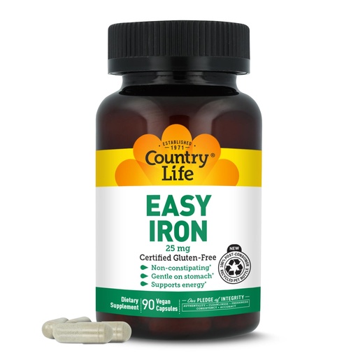 [BRSWIY3ZDMMGCFIZ] Country Life Easy Iron 25 mg | Gentle, Non-Constipating Iron Supplement | Supports Energy & Red Blood Cell Production | Certified Gluten-Free & Vegan | 90 Vegan Capsules