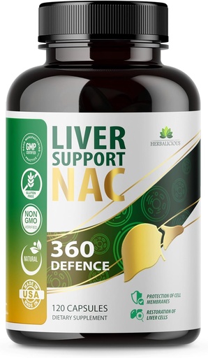 [BRSRAAYBC57RYHTX] Supporto del fegato NAC 360 capsule di difesa – Detox del fegato con NAC, cardo del latte, radice del dente di leone, curcuma, colina, zinco e Chanca Piedra – promuove la salute del fegato e la protezione cellulare – 120 capsule