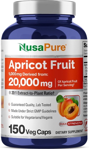 [BRSRAZT7OAFGGDIV] NusaPure Apricot 20:1 לחלץ, 1000 מ"ג שווה ל -20,000 מ"ג 150 קפסולות Veggie (Vegan, non-GMO)