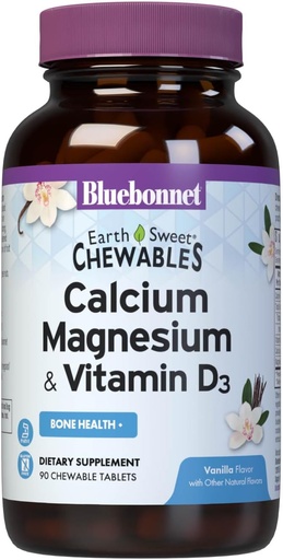 [BRSWKZL3OIMGYAY5] Bluebonnet Elikadura Calcium Magnesium Plus bitamina D3 Earthsweet, Hezur Osasuna eta Muscle Relaxation, Soy-Free, Gluten-Free, Kosher Certified, Dairy-Free, 90 Vanilla Flavored Chewable Tablets