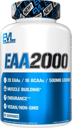 [BRSROHD6BB7GEYIV] Evlution Nutrition EAA2000 - Pre &amp; Post Workout Capsules - Muscle Building + Recovery Supplement - 2g Essential Amino Acids + 1g BCAAs - Endurance + Energy Support - 30 Servings