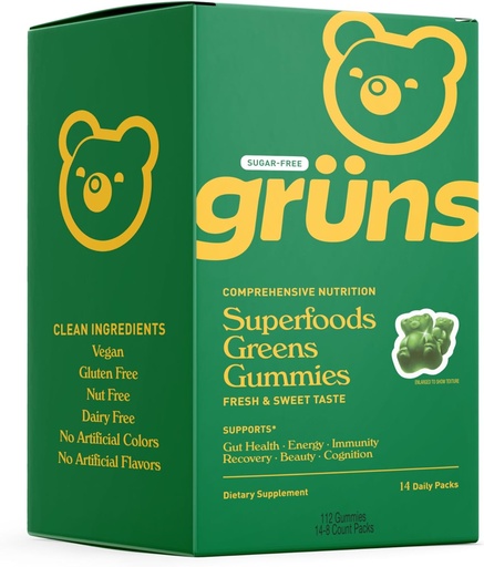 [BRSRAHYLDN6AMGTG] Gruns Sugar Free Super Greens Gummy Bears - Organic Spirulina and Chlorella, Prebiotics for Digestive Health, 20+ Vitamins and Minerals, Adaptogens - 14 sachets - 112 Gummies