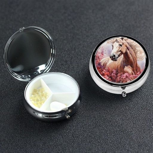 [BRSRAZ32CEIRQADZ] Round Pill Box 3 Compartment Pill Box Pill Containe Pillbox Case for Travel Small Pill Case Watercolor Horse Pill Organizer for Vitamins Fish Oil Box Supplement Box