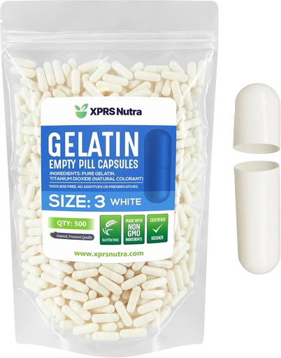 [BRSWYYD2O5YWGCDD] XPRS Nutra Size 3 Empty Capsules - 500 Empty Gelatin Capsules - Pills DIY Capsule Filling - Pure Bovine Pill Gel Caps Fillable Do- It-Your themselves Vitamins and supplements (White)