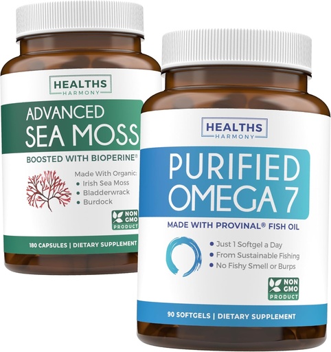 [BRSRAZYKCQJRGYLV] Mar irlandés Moss &amp; Omega 7 (3-Month Supply) Sea Omega Combo Bundle - Organic Irish Sea Moss - Raw Vegan Supplement (180 Caps) & Omega 7 Softgels - Provinal Sostenible Peruano Anchovy Fish Oil -90 Caps