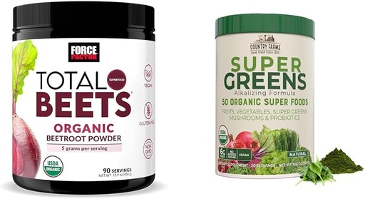 [BRSRAZAYBZ7AMCL7] Force faktor Celkem Beets Organic Beetroot Powder and Country Farms Super Greens Drink Mix, 50 Organic Superfoods, 20 Servings