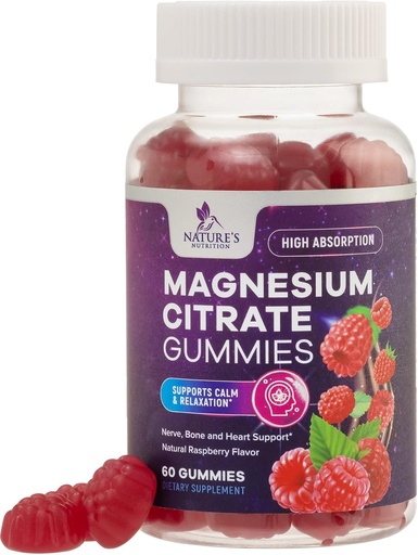 [BRSW2YA3ARYWYCTA] Supplément de Gummée de Citrate de Magnésium - Haute Absorption, Supplément de Gummée de Magnésium Vegan pour Adultes et Enfants, Suppléments de Gummée de Citrate de Magnésio pour Muscle, Nerve, Bone et Heart Support - 60 Gummées