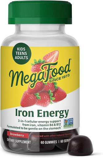 [BRSROAQYPN7RSH3U] Megafood Iron Energy Gummies, Iron Supplement for Women, Men, Teens & Kids with Vitamin B12 & B6, Vitamins, from the Makers of Blood Builder Supplement, Strawberry Flavor, 60 Count
