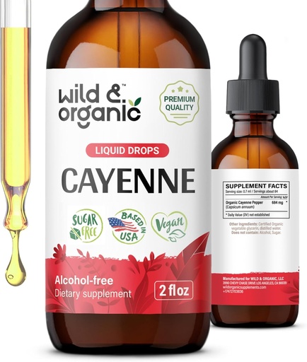 [BRSROY33PN6QE3TA] Wild & Organic Cayenne Pepper Tincture - Capsaicin Supplements for Digestive Support - Cayenne Pepper Extract Liquid - Vegan, Alcohol-Free Drops - 2 fl oz