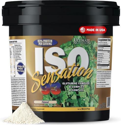 [BRSWIZT4OQAGO332] Ultimate Nutrition Whey Protein Isolate Powder with Glutamine Complex, ISO Sensation 93 - Whey Protein Powder with Added Colostrum for Enhanced Recovery, Immunity & Gut Health - Natural, 5lbs