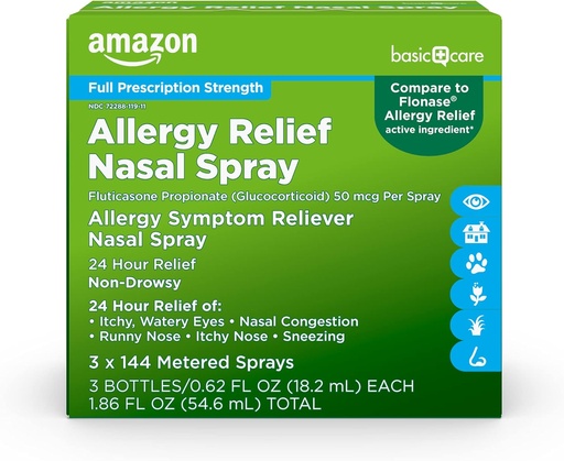 [BRSW22QZDMPGOF3G] Grundläggande vård 24-timmars allergilindring Nasal Spray, Fluticasone Propionate (Glucocorticoid) 50 mcg, Full receptbelagd styrka, Non-Drowsy, 0,62 fl oz (Pack av 3)