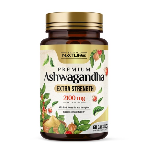 [BRSRAZADO5YWA3TX] Built by Nature Ashwagandha 2100mg Extra Strength Stress Relief & Mood Support with Black Pepper Extract for Max Absorption - Non-GMO, Vegan, Gluten-Free - 60 Capsules