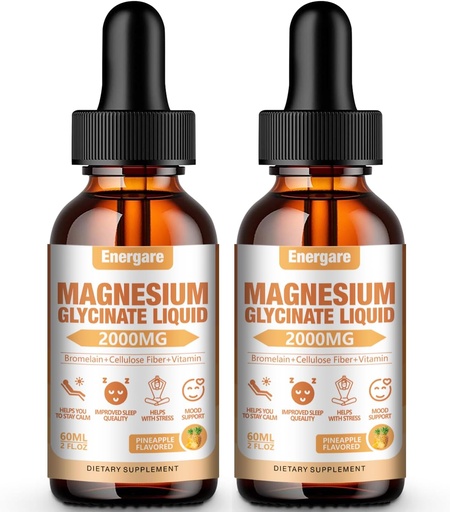 [BRSRAFIFOJ6AECTP] 2 Pack 2000MG Magnesium Glycinate Liquid drops supplement for Kids ' Adults - Cellulose Fiber, Bromelain, Vitamin B6, C, D, Zinc - Energy, sleep, Clam, Pineapple Flavor, 4 Fl oz