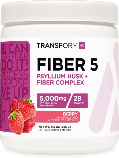 [BRSROBAHBYBQGDQ6] TransformHQ Fiber 5 Psyllium Husk Complex Powder (Berry Flavor) (28 Servings) - 5,000mg Psyllium Husk per Serving - Digestive Health, Natural Supplement, Soluble Plant Fiber Blend