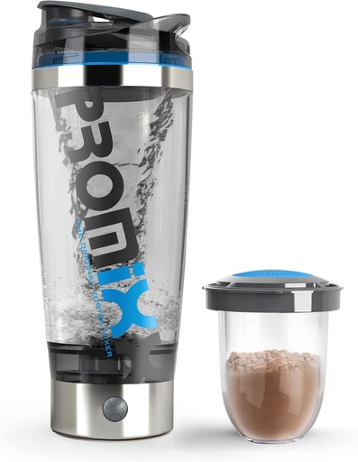 [BRSWGGQKBZYGMCT3] Promixx Pro Shaker Bottle (iX-R Edition) | Rechargeable, Powerful for Smooth Protein Shakes | includes Supplement Storage - BPA Free | 20oz Cup (Silver Blue/Gray)